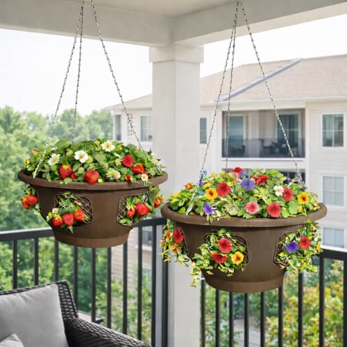 Ultimate Hanging Baskets - Strawberry, Tomato, Flower, and Herb Outdoor Planters - Use Garden Pots for Growing Plants Outside On A Deck, Fence, or Balcony (Mocha 2pk) - color: Mocha