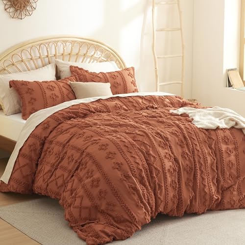 Bedsure Boho Duvet Cover Queen Size, Soft & Comfortable Elegant Design Boho Bedding for Decoration, Machine Washable Comforter Cover for All Seasons,Includes 1 Duvet Cover & 2 Pillow Shams,Terracotta - color: 05 - Terracotta - Elegant (No Comforter), size