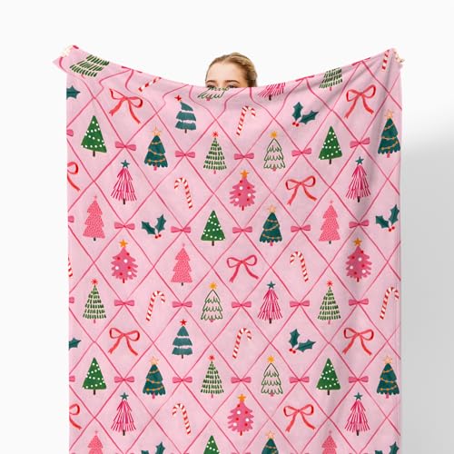 Coquette Pink Bow Christmas Throw Blanket for Couch, Preppy Christmas Decor, Pink Girly Xmas Tree Candy Cane Throw Blanket for Girls Bedroom Living Room Decoration, 50x60 Inches - color: Color_17