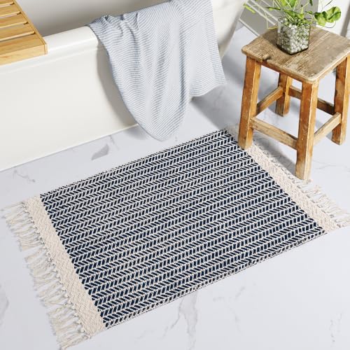 Lahome Belle Boho Bathroom Rugs, Small 2x3 Front Door Mat Lightweight Entryway Rug Woven Cotton Area Rug with Tassels, Farmhouse Non Shedding Washable Blue Throw Rug Low Pile Carpet for Entry Laundry - color: Navy Blue, size: 2' x 3' (Rectangular)
