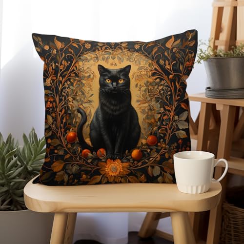 YOU FOUND ME William Morris Abstract Vintage Black Cat Design Throw Pillow Cover Home Decor, Art Decor Pillowcase Cushion Cover for Bed Sofa Living Room, Indoor and Outdoor 18x18inch (Black Cat2) - color: Black Cat2
