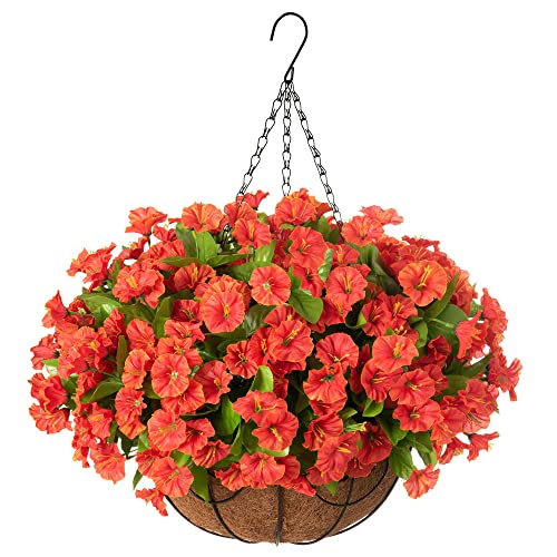 Ammyoo Artificial Hanging Flower Plants with Basket for Spring Summer Outdoor Decoration, Faux Petunias Flowers Fake Morning Glories Planter for Outside Patio Garden Porch Balcony Yard Decor(Orange) - color: Orange