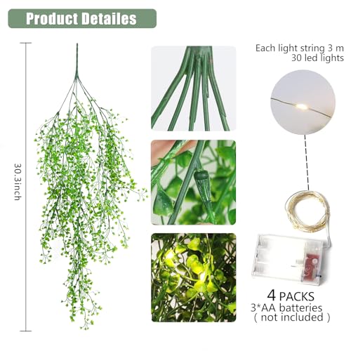 RECUTMS Pack of 4 Ferns Artificial Plants Large Artificial Hanging Plants Faux Ivy Vine Fake Greenery Wall Plants with LED Lights for Room Garden Patio Porch Bathroom Kitchen Decor (Green) - color: Green-light