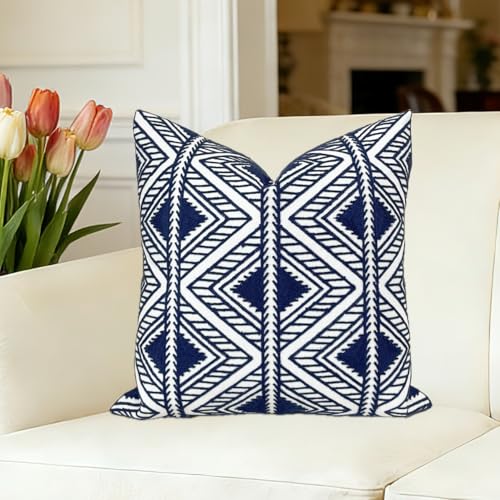 Slow Cow Embroidery Decorative Throw Pillow Cover Geometric Design Cushion Cover 18x18 Inches Navy Blue - color: Navy Big Triangle, size: 18" x 18" (Pack of 1)