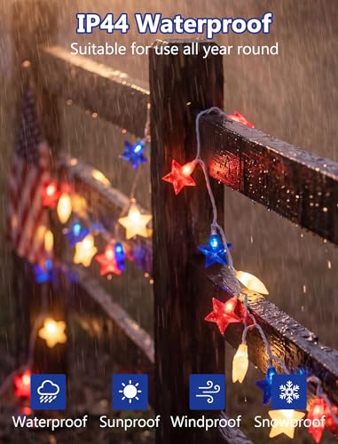 8.5Ft Red White and Blue Star Lights, 4th of July String Lights Plug in with 10 Five Star LED Bulbs, Fourth of July Decorations for Independence Day Patriotic Party, White Wire - color: 10 Red White Blue Five-Star