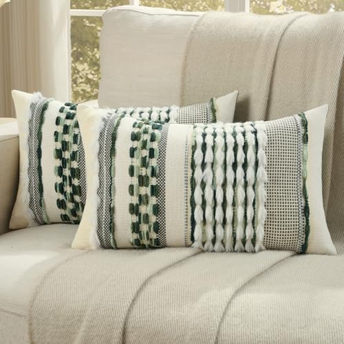 FUTEI Pack of 2 Boho Chenille Decorative Throw Pillow Covers 12x20 Inch Soft Plush Tufted Striped Textured Pillow Case,Farmhouse Accent for Couch Bed Living Room, Green - color: Green, size: 20" x 12" (Pack of 2)