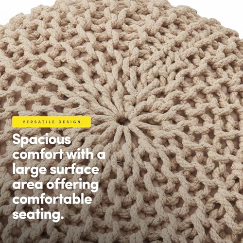 Pouf Ottoman Foot Rest Stuffed – 20” Diameter x 14” Tall Cozy Floor Pouf for Living Room, Bedroom, Nursery & More – 100% Cotton Knit Shell, EPS Bead Filled Footrest & Accent Chair, Taupe - color: Taupe