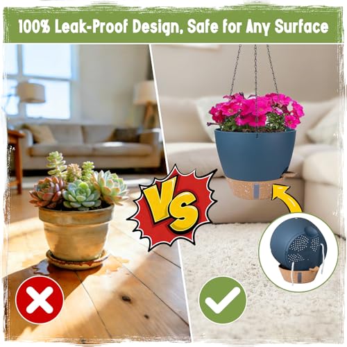 Self-Watering Hanging Planters with Water Level Window, 8/10 Inch Indoor Outdoor Hanging Plant Pots Includes Chain Hangers with Drainage Holes & Detachable Reservoir (Blue, 8+10 inch) - color: Blue