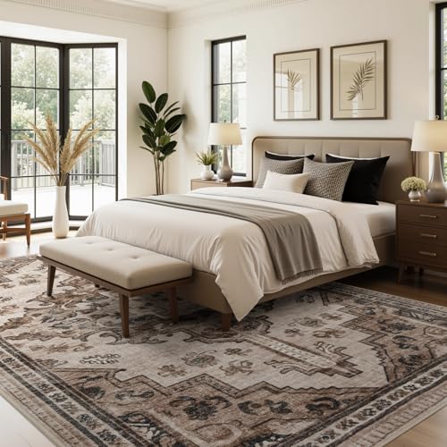Joydeco 4x6 Area Rugs for Living Room, Non Slip Machine Washable Vintage Rug, Low Pile Chenille Print Rugs for Bedroom, Dining Room, Home Office, Pet & Child Friendly, Light Coffee - color: Light Coffee, size: 4' x 6' (Rectangular)