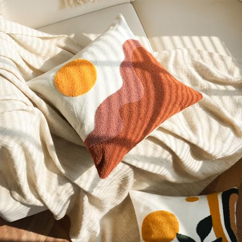 Tufted Boho Textured Accent Throw Pillow Covers 18x18,Soft Mid Century Decorative Art Minimalist Geometric Sun Throw Pillowcases for Couch Sofa Bedroom Living Room,1PC - color: Brown，yellow