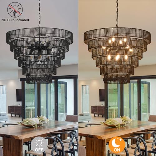 31.49" Large Rattan Black Chandelier for Dining Room, Farmhouse 12-Lights Boho Hand-Woven Bamboo Chandelier, Drum Wicker Black Chandeliers for Kitchen Island, Living Room, Bedroom, Entryway - color: Black 31IN