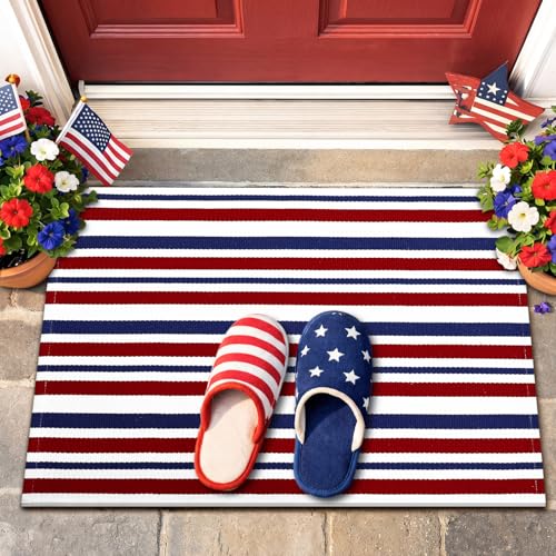 Moucuny Red Blue White 4th of July Striped Rug 250th Anniversary Mat Patriotic Outdoor Front Porch USA Door Mat Welcome Layering Rug 4th of July Doormat for Entryway Farmhouse Decor (2' X 3')