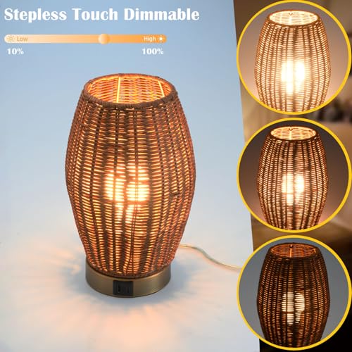 Boho Style Rattan Table Lamp,Dimmable Bamboo Desk Lamp,Touch & USB Charger Port,Oven Brown Rattan - color: USB + touch