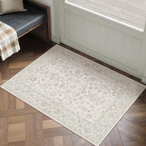 PureCozy 2x3 Beige-White Entryway Area Rug Machine Washable Door Mat Kitchen Vintage Distressed Non Slip Carpet Indoor Retro Floral Accent Throw Small Rug for Bathroom Office Bedroom Dining Room - color: Beige-white, size: 2' x 3' (Rectangular)