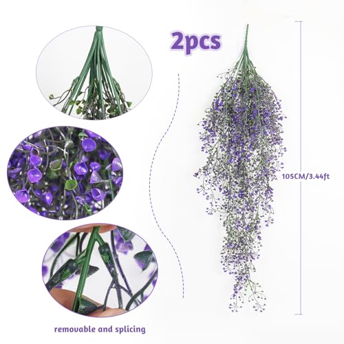 RECUTMS Artificial Vine Plants 2 Pack Fake Hanging Flower Plants Faux Ivy Vine Leaves Plastic Baby Breath Greenery UV Resistant for Home Bedroom Wall Porch Garden Wedding Decor (Purple) - color: Purple-2pcs