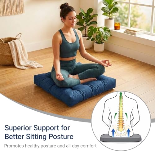 Large Square Floor Cushions Set of 2, 22 x 22 Inch with Non-Slip Bottom, Memory Foam Floor Pillow for Sitting, Meditation & Yoga, Soft Supportive Floor Seating Cushion for Adults & Kids (2, Navy Blue) - color: Navy Blue