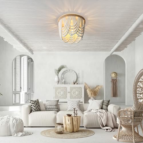 Bohemian Wood Beaded Ceiling Lamp 3-Light – Antique Rustic Mini Chandelier with White Beads for Bedroom, Nursery, Girls' Room, Dining Room, Hallway Entryway - color: White