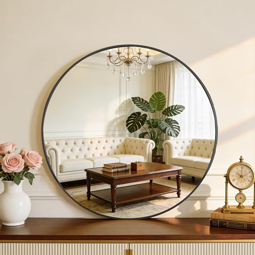 NEWBULIG 28IN Round Bathroom Wall Mirror, Modern Vanity Mirrors for Over Sink, HD Glass Decorative for Entryway, Bedroom & Living Room, Anti-Rust, Tempered Glass, Hanging or Leaning, Black - color: Black, size: 28"L x 28"W