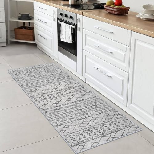KUTA Boho Washable Runner Rug 2x5 ft Grey Moroccan Washable Runners for Hallways Non-Slip Vintage Kitchen Rug Ultra Soft Distressed Geometric Floor Carpet for Bedroom Laundry Living Room - color: Grey, size: 2' x 5' (Runner)