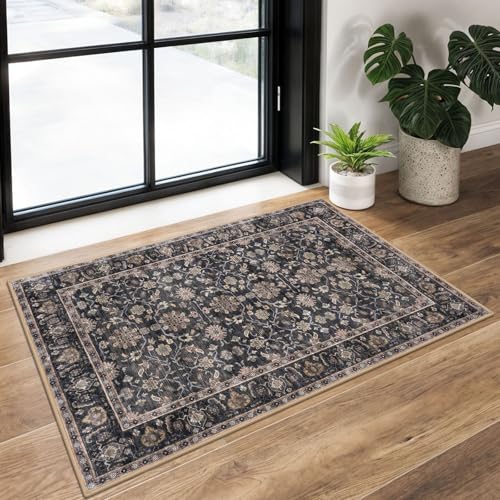 KUTA Vintage Floral Entryway Rug 2x3, Kitchen Area Rugs Non-Slip Washable Throw Rug, Brown Ultra Thin Soft Print Front Door Mat Indoor Doormat for Entrance, Bedside, or Small Spaces - color: Brown, size: 2' x 3' (Rectangular)