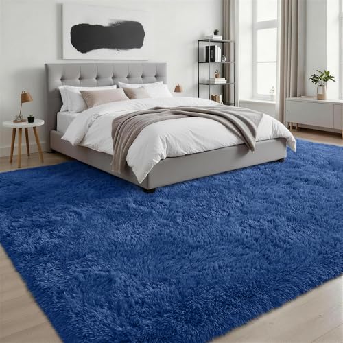 Fluffy Area Rugs 9x12 Living Room Bedroom: Ultra Soft Shag Rug Upgrade Non-Slip Non-Shedding Large Fuzzy Plush Carpet Indoor Floor Carpets for Kids Room Playroom Nursery Dorms Home Decor Blue - color: Blue, size: 9' x 12' (Rectangular)