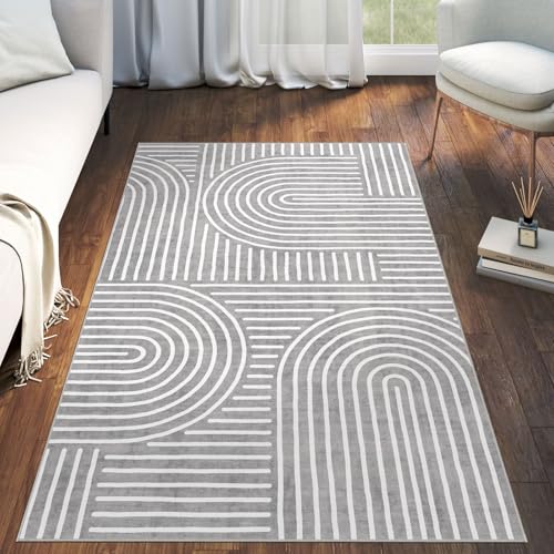 LUXRUG 3x5 Washable Area Rug - Small Entryway Rug Non-Slip Grey Abstract Rainbow Kitchen Rugs Modern Boho Carpet Throw Rugs for Living Room Bedroom Bathroom Dorm Nursery Room Home Decor - color: Grey, size: 3' x 5' (Rectangular)