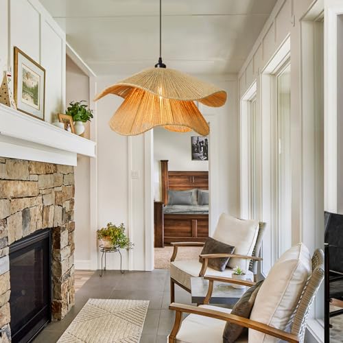 Arturesthome Rustic Pendant Light Fixture, Woven Jute Rope Lampshade Coastal Hanging Lighting, Adjustable Vintage Farmhouse Chandelier Lamp Shade for Kitchen Island Dining Room - size: 15.7"*9.8"