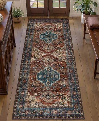 Tangsoo 2x5 Washable Runner Rug for Hallways, Non Slip Vintage Runner Rug, Soft Low Pile Long Rug Runner, Print Distressed Carpet Runners for Kitchen Bedroom Entryway Bathroom Living Room Rust - color: Rust/Blue, size: 2' X 5' (Runner)