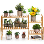 Lawei 2 Tier Bamboo Tabletop Plant Stand, Adjustable Flower Pot Holder Shelf Planter Display Stand, Small Desktop Ladder Plant Rack for Indoor Outdoor Home Patio Lawn Garden Balcony Organizer