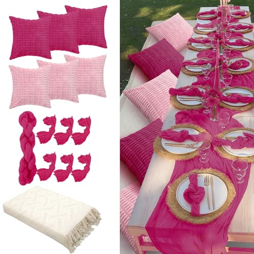 Beeveer 91 x 71 Extra Large Outdoor Boho Picnic Blanket with Girl Colors Table Runner, 6 Throw Pillow Covers 6 Napkins Woven Cotton Yarn Oversize Beach Blanket Washable Picnic Camp Wedding - color: Girl Colors