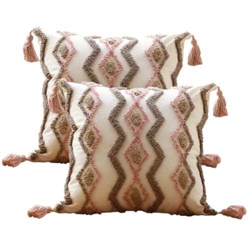 Andreannie Pack of 2 Boho Tufting Throw Pillow Cover Embroidered Textured Cushion Cover with Tassels Soft Home Decororative for Couch Sofa 18x18 inch (Pink, 18x18 inch) - color: Pink