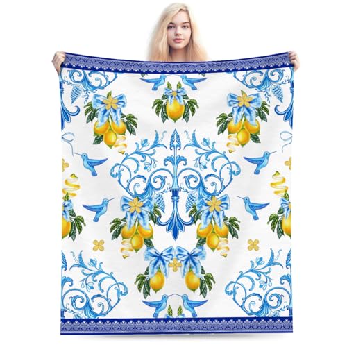Blue Lemon Throw Blanket for Couch Chair Sofa Bed, Flannel Soft Mediterranean Ceramic Tiles Elegant Baroque Blanket for Bedroom Living Room Car, Warm Cozy Farmhouse Blankets for All Season 30"x 40" - color: Lemon05, size: 30X40 inch