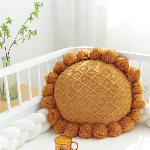 Acrylic Knitted Round Throw Pillow Knitting Bohemian Circular Cushion Pillow with Knit Handmade Pompoms Decorative Warm Orange, Diameter 18inches - color: Warm Orange