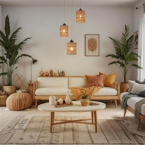 Finktonglan 3-Light Rattan Pendant Light, Boho Farmhouse Woven Hanging Light Fixture, Adjustable Kitchen Island Pendant Lighting for Dining Room Bedroom Entryway, Bulbs Not Included