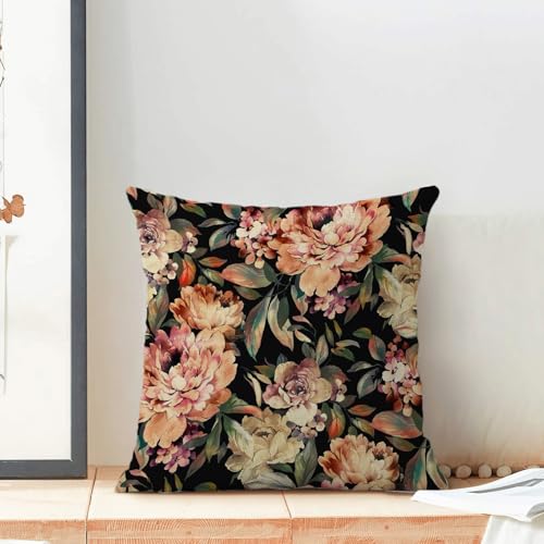 Spring Floral Pillow Covers 18x18 Set of 2 Vintage Black Orange Flower Throw Pillow Covers Decoration Summer Flower Pillowcase Farmhouse Decorative Cushion Cover for Home Sofa Outdoor Decor - color: Black Orange Floral-2, size: 18" x 18" (Pack of 2)