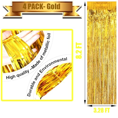 4 Pack Gold Foil Fringe Curtain Backdrop, 3.28Ft x 8.2Ft Metallic Tinsel Foil Fringe Streamer Curtains for Photo Booth Props, Birthday, Wedding, New Year’s, Christmas Decoration Party Supplies New - color: 4 Pack Gold