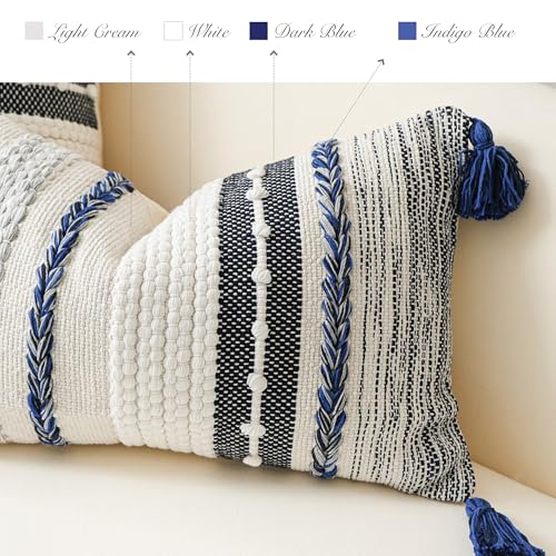 BlissBlush Navy Dark Blue Decorative Throw Pillow Cover 18x18 Square Boho Accent Pillowcase Tassels Farmhouse Cushion for Couch Sofa Bedroom Living Room Home Décor Cover ONLY - color: Dark Blue, size: 18" x 18" (Pack of 1)