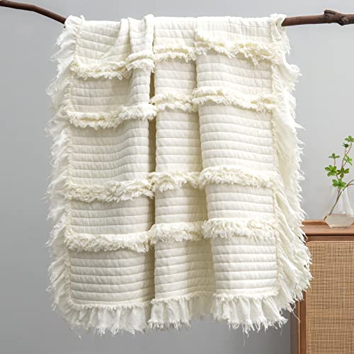 Ultra Soft Pre-Washed Warm Quilted Throw Blanket, Ruffle Fringed Cream Boho Decorative Throw, Stone Washed Chic Rustic Blanket for Sofa Couch Bed Chair, 50"x 60" - color: Cream, size: 50"x60"