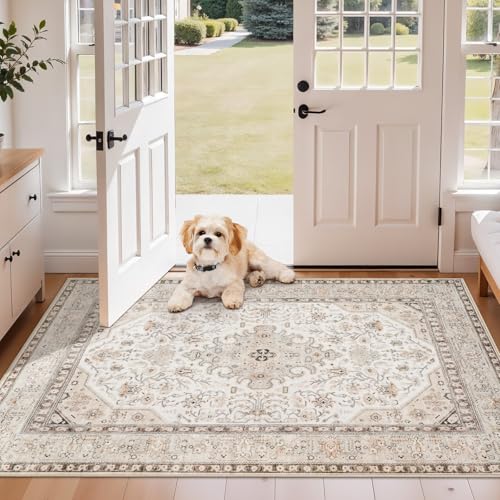 Washable Small Oriental Entryway Rug: 3x4 Indoor Area Rugs for Kitchen Sink - Ultra Thin Low Pile Stain Resistant Mat - Home Decor for Vintage Style Lover - 3x4 Ivory - color: Ivory, size: 3' x 4' (Rectangular)