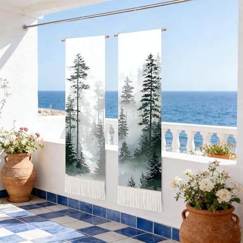 seewan 2 Pack Long Vertical Wall Tapestry, Boho Nature Landscape & Floral Aesthetic Wall Hanging for Bedroom Living Room Home Decor, Long Narrow Art Tapestry with Sunrise Mountain Botanical Designs, 13" × 51" (Foggy Pine Silhouette, 13"Wx51"H, Unframed) -