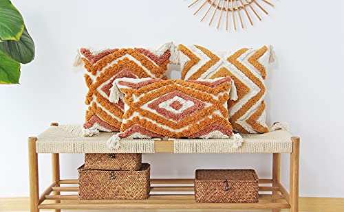 JOJUSIS Boho Lumbar Throw Pillow Covers with Handmade Tassels Decorative Woven Tufted Orange Lumbar Pillowcase for Couch Bedroom 12 x 20 Inch - color: Orange, size: 20" x 12" (Pack of 1)