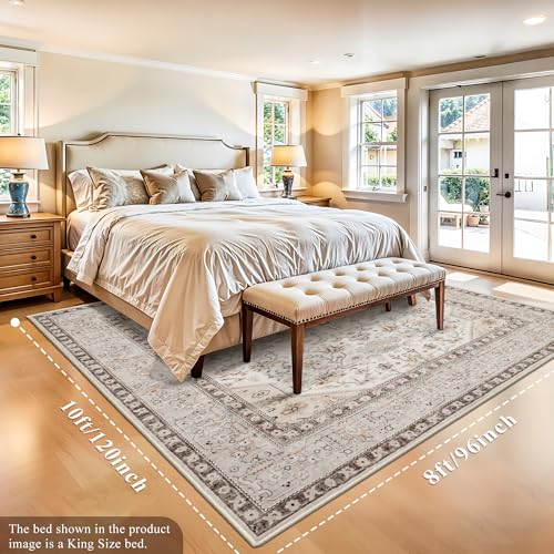 HILORUUG Washable Area Rug 8x10 - Bedroom Living Room Large Indoor Rugs Soft Oriental Vintage Rugs Non-Slip Backing Stain Resistant for Farmhouse Kitchen (8x10 Ivory/Multi) - color: Ivory, size: 8' x 10' (Rectangular)