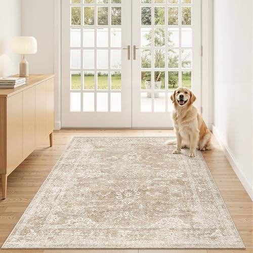 Madane 3x5 Area Rugs for Entryway,Washable Vintage Low Pile Non-Slip Throw Area Rugs, Accent Rug Floral Print Indoor Mat for Bedside Living Room Kitchen Bedroom, Beige/Brown - color: Beige/Brown, size: 3' x 5' (Rectangular)