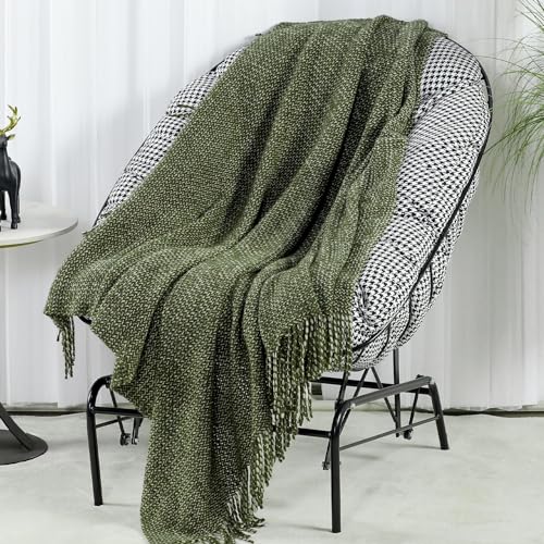 Blagic Knitted Throw Blanket for Couch, Soft Farmhouse Throw Blanket with Tassels,Home Decorative Lightweight Blankets,Spring Throws for Bed/Chair/Sofa,Wheat Textured (Green & White,60" W x 80" L) - color: Green & White, size: 60 × 80 in