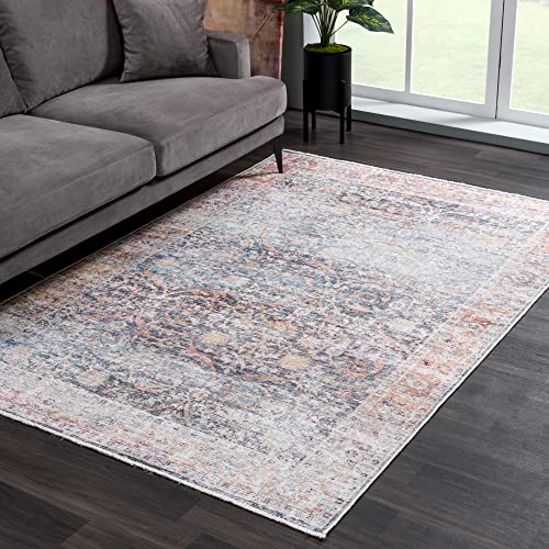 Bloom Rugs Washable Non-Slip 2x3 Rug - Ocean Blue/Brick Traditional Oriental Area Rug for Living Room, Bedroom, Dining Room, and Kitchen - Exact Size: 2' x 3' - color: Ocean Blue / Brick, size: 2' x 3' (Rectangular)