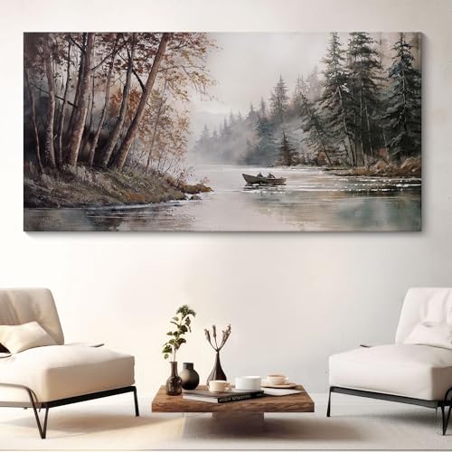 HGUAOA Mountain Canvas Wall Art Rustic Lake Landscape - Nature & Forest Scenery Paintings Pictures for Living Room & Bedroom Wall Decor Vintage Artwork for Walls - color: Rustic, size: 40"L x 20"W