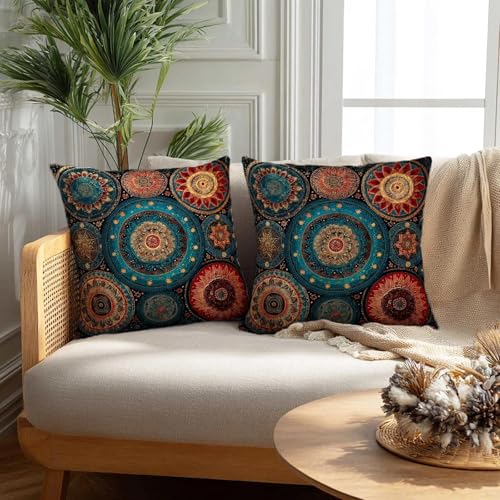 Firmiso Boho Mandala Throw Pillow Covers 18x18 Set of 2｜Decorative Cushion Covers for Couch Sofa Bed｜Teal Orange Medallion Pillow Cases｜Moroccan Bohemian Home Decor - color: Boho Mandala