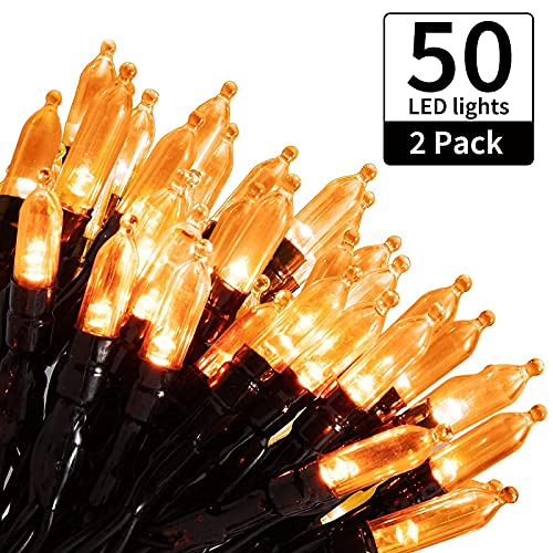 Halloween Orange String Lights Decorations，2 Pack 17.8 Feet 50 LED Battery Operated Mini String Lights with 8 Modes Waterproof for Outdoor Indoor Patio Xmas Tree Holiday Party Christmas Show - color: Orange, size: 50 LEDs x 2 Pack