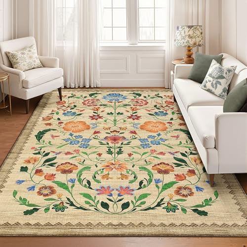 GarveeHome Washable Rug 9x12 Area Rugs for Living Room, Floral Rug for Bedroom, Soft Vintage Non Slip Throw Rugs with Rubber Back, Low Pile Stain Resistant Boho Floral Carpet for Dining Room, Beige - color: C Brown, size: 9' x 12' (Rectangular)