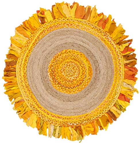 SAFAVIEH Cape Cod Collection 4' Round Gold / Natural CAP701D Handmade Boho Fringe Jute & Cotton Area Rug - color: Gold/Natural, size: 4' (Round)